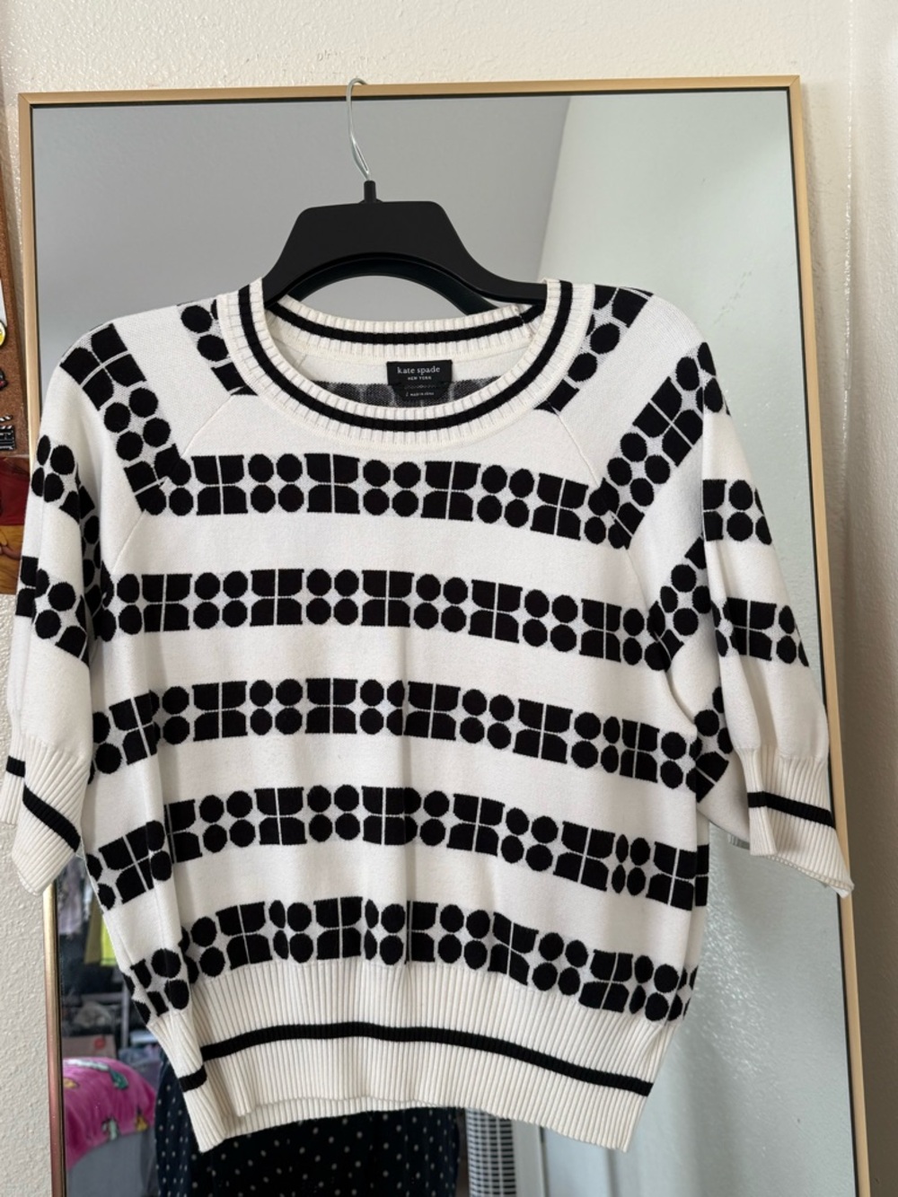 kate spade Noel Black and White Geometric Short-Sleeve Sweater